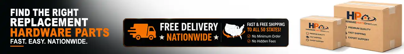 Hardware Parts Direct compact hero banner with free delivery nationwide, replacement hardware parts message, and shipping boxes
