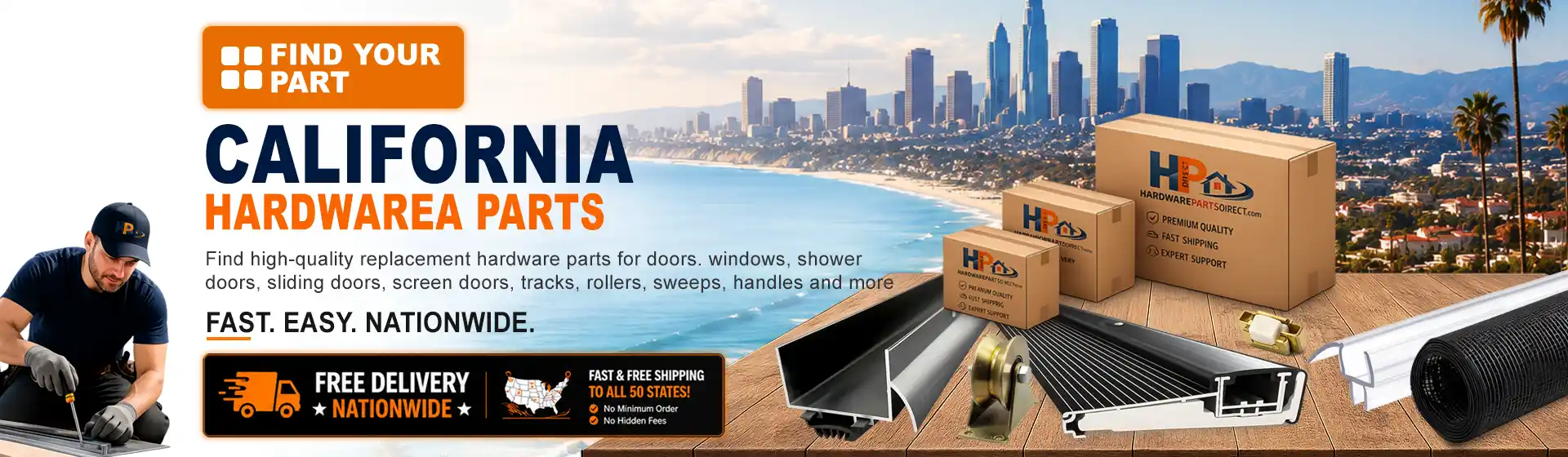 California hardware parts featuring replacement door, window, shower door, sliding door, roller, track, sweep, handle, and threshold components with free nationwide delivery.