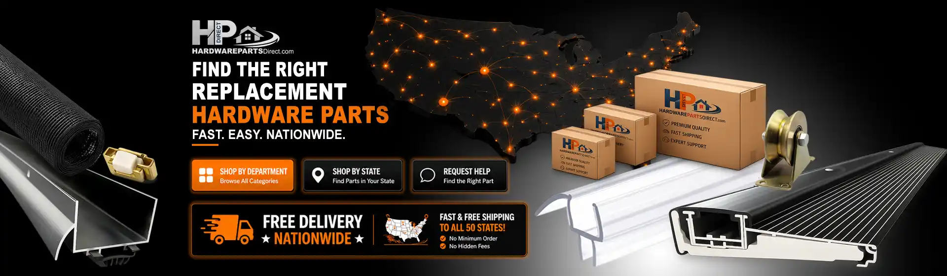 Hardware Parts Direct homepage hero featuring replacement hardware parts, nationwide free delivery, and options to shop by department, state, or request help.