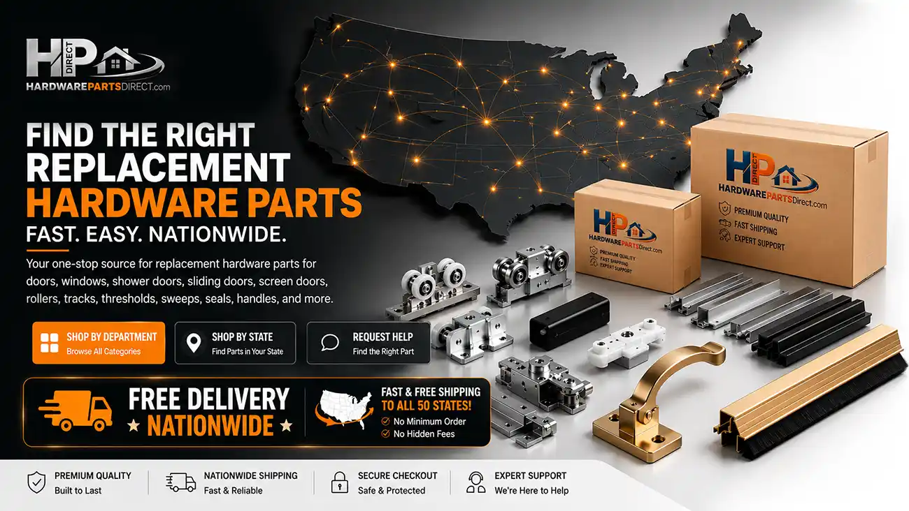 Hardware Parts Direct homepage banner featuring replacement hardware parts, free nationwide delivery, and hardware shipping across the United States.
