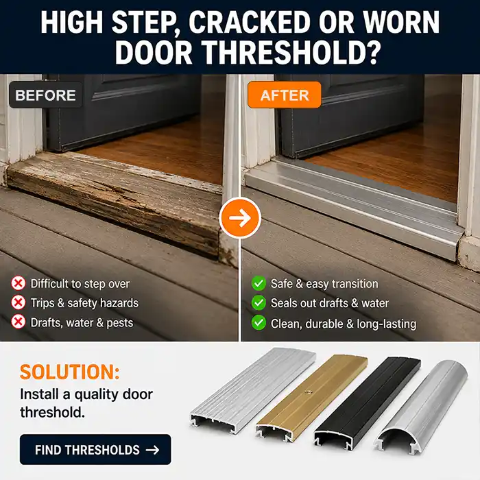 Door thresholds for worn entry doors gaps and weather sealing