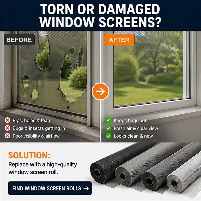 Window screen rolls and screen mesh for torn window screen repair