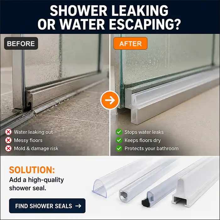 Shower door seals for leaking frameless and glass shower doors