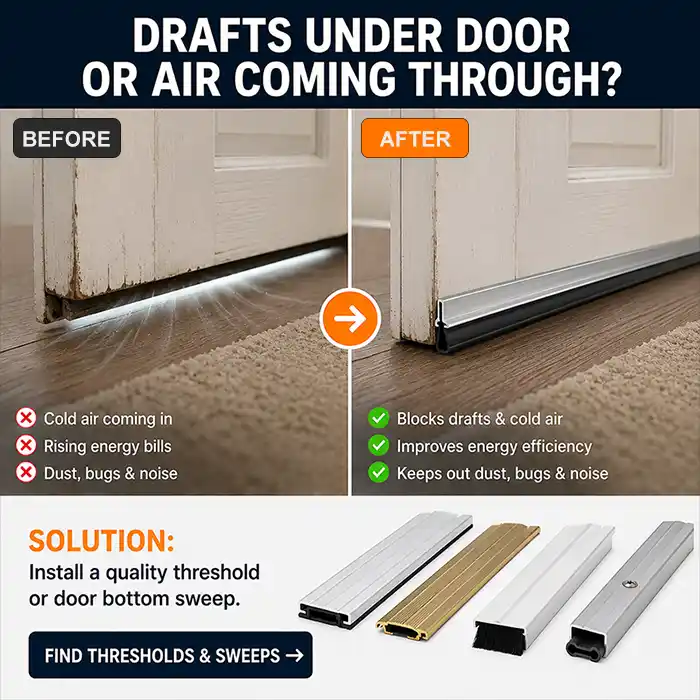 Door bottom sweeps and door seals for drafts and gaps
