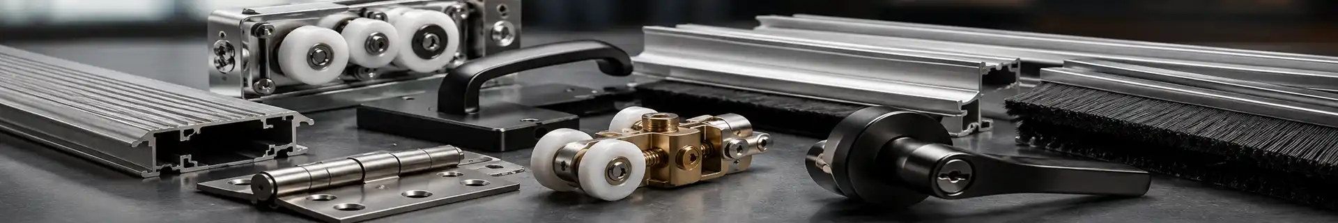 KC Hardware replacement parts including door rollers, tracks, handles, hinges, sweeps, and repair hardware