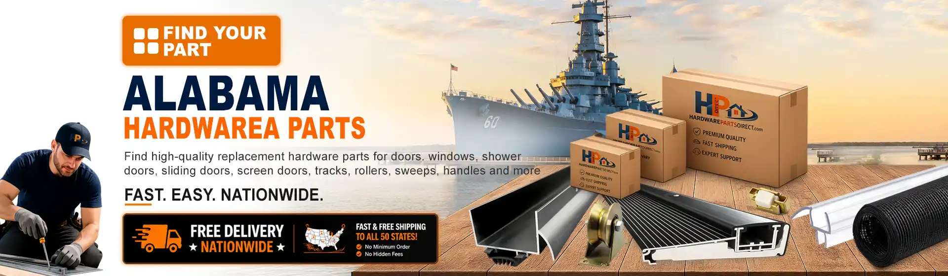 Alabama hardware parts featuring replacement door, window, shower door, sliding door, roller, track, sweep, handle, and threshold components with free nationwide delivery.