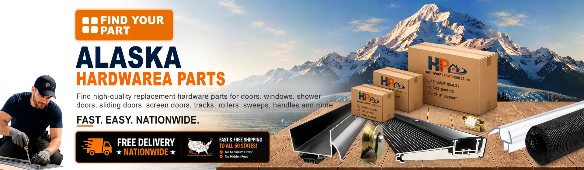 Alaska hardware parts featuring replacement door, window, shower door, sliding door, roller, track, sweep, handle, and threshold components with free nationwide delivery.