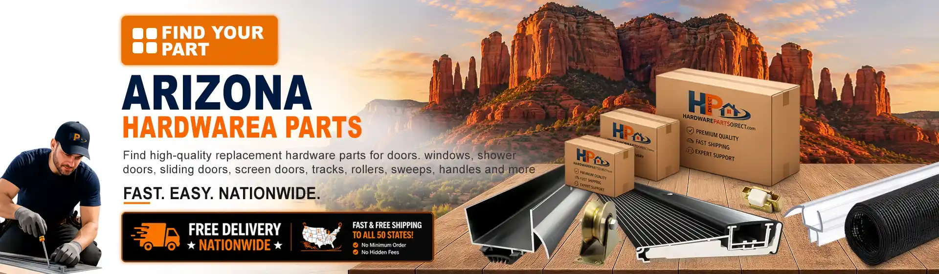 Arizona hardware parts featuring replacement door, window, shower door, sliding door, roller, track, sweep, handle, and threshold components with free nationwide delivery.