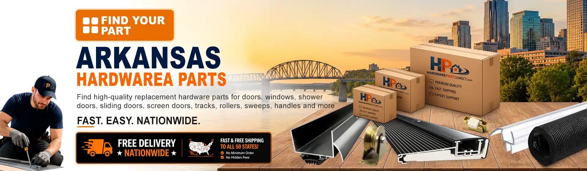 Arkansas hardware parts featuring replacement door, window, shower door, sliding door, roller, track, sweep, handle, and threshold components with free nationwide delivery.