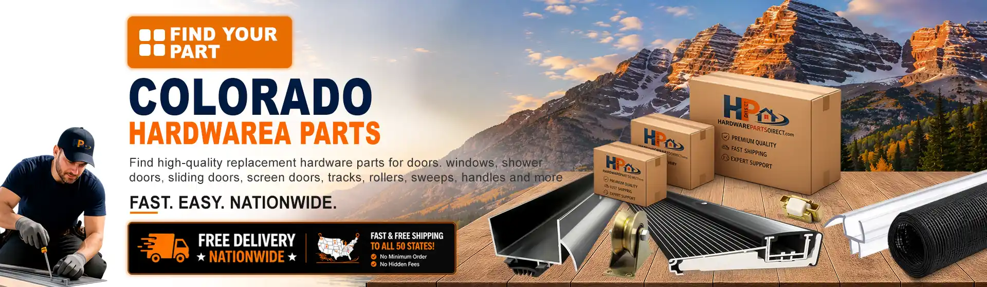 Colorado hardware parts featuring replacement door, window, shower door, sliding door, roller, track, sweep, handle, and threshold components with free nationwide delivery.