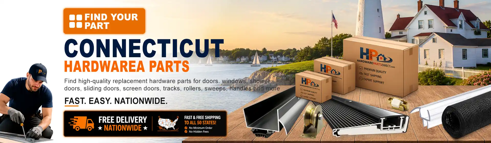 Connecticut hardware parts featuring replacement door, window, shower door, sliding door, roller, track, sweep, handle, and threshold components with free nationwide delivery.