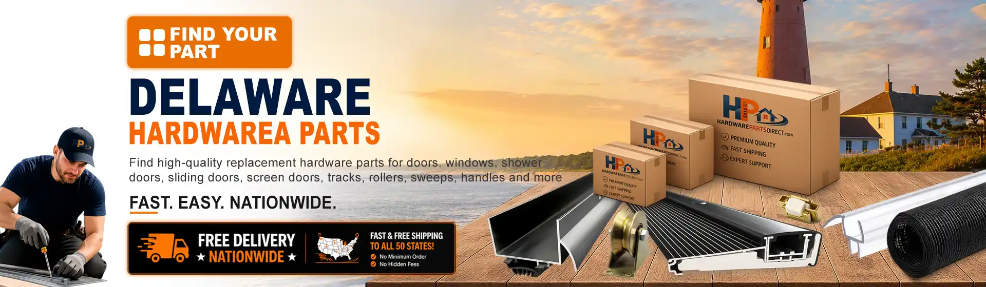Delaware hardware parts featuring replacement door, window, shower door, sliding door, roller, track, sweep, handle, and threshold components with free nationwide delivery.