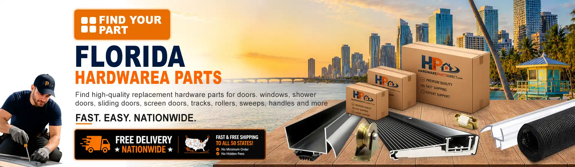 Florida hardware parts featuring replacement door, window, shower door, sliding door, roller, track, sweep, handle, and threshold components with free nationwide delivery.