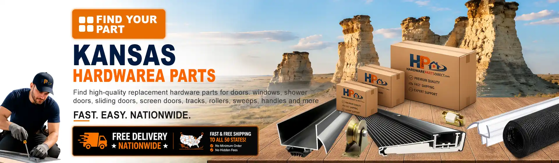Kansas hardware parts featuring replacement door, window, shower door, sliding door, roller, track, sweep, handle, and threshold components with free nationwide delivery.