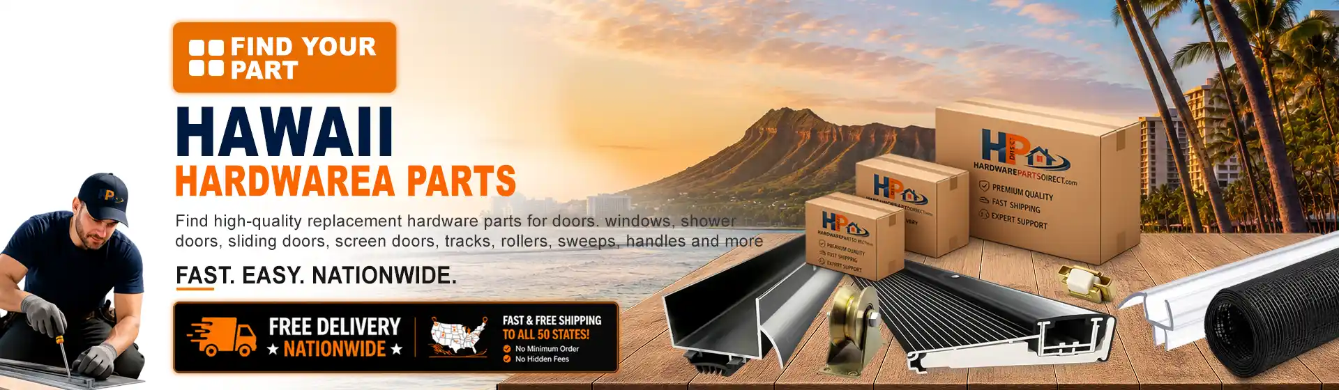 Hawaii hardware parts featuring replacement door, window, shower door, sliding door, roller, track, sweep, handle, and threshold components with free nationwide delivery.