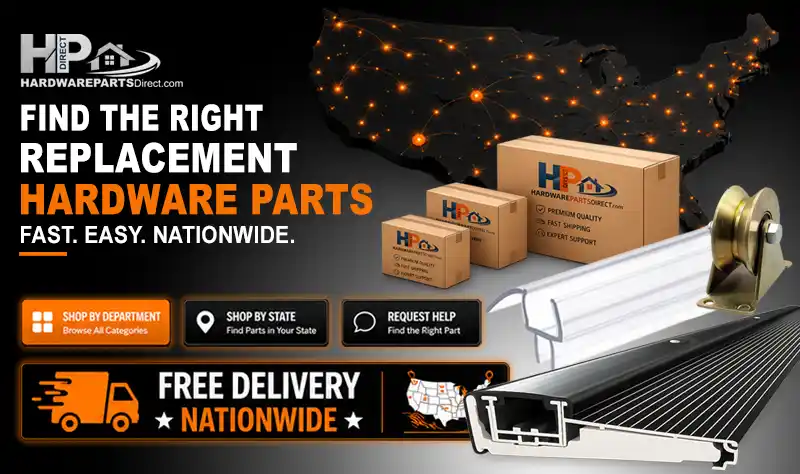 Hardware Parts Direct homepage hero featuring replacement hardware parts, nationwide free delivery, and options to shop by department, state, or request help.