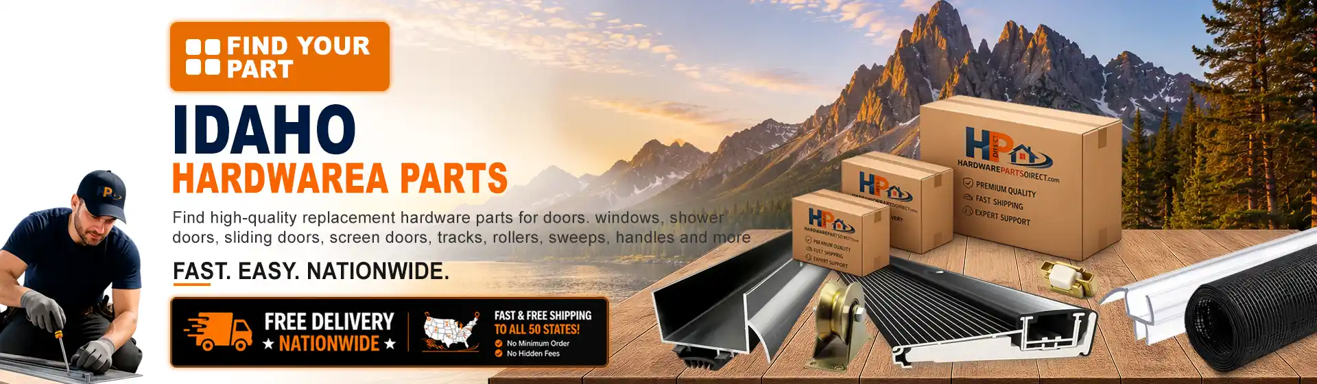 Idaho hardware parts featuring replacement door, window, shower door, sliding door, roller, track, sweep, handle, and threshold components with free nationwide delivery.