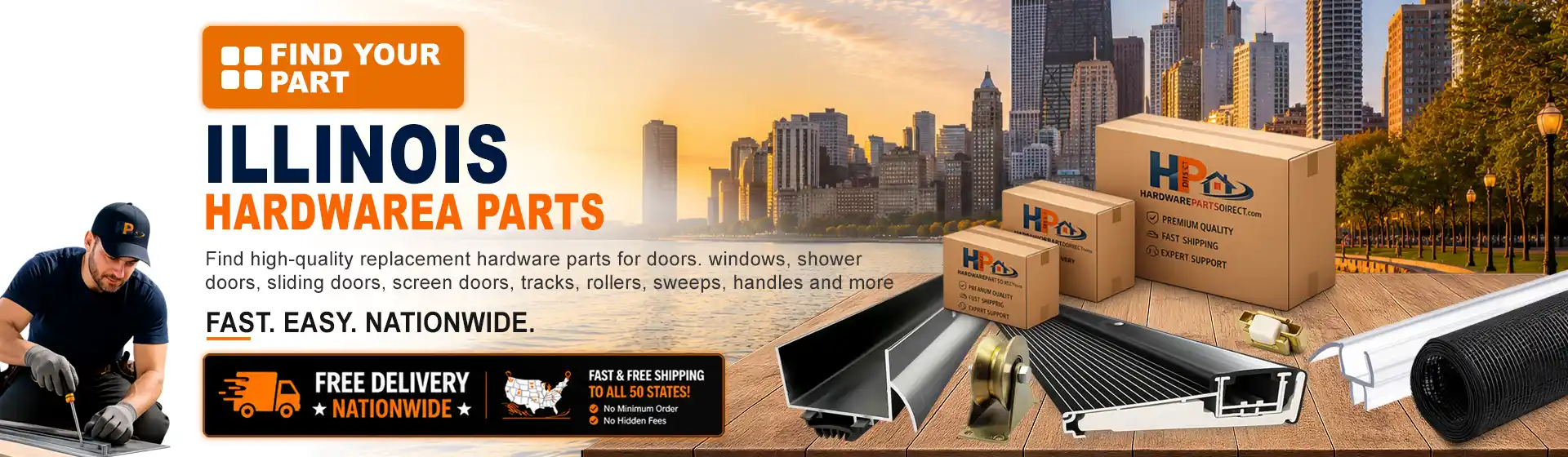 Illinois hardware parts featuring replacement door, window, shower door, sliding door, roller, track, sweep, handle, and threshold components with free nationwide delivery.