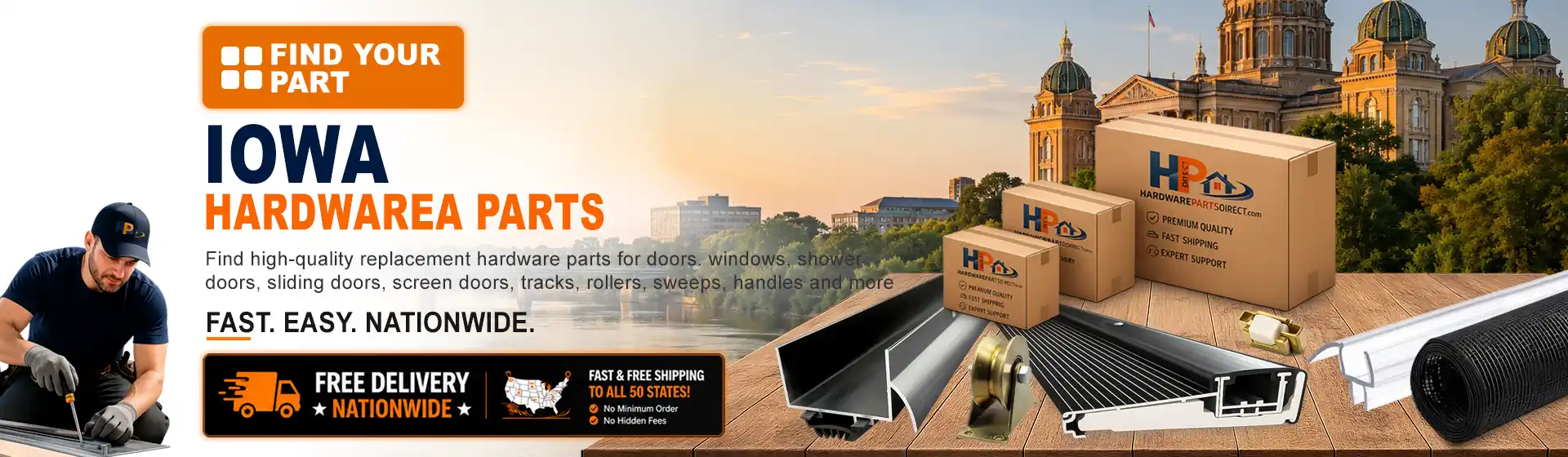 Iowa hardware parts featuring replacement door, window, shower door, sliding door, roller, track, sweep, handle, and threshold components with free nationwide delivery.