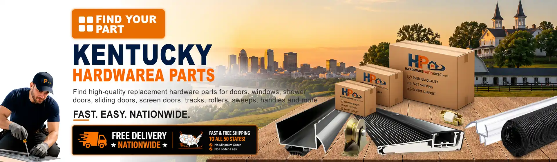 Kentucky hardware parts featuring replacement door, window, shower door, sliding door, roller, track, sweep, handle, and threshold components with free nationwide delivery.