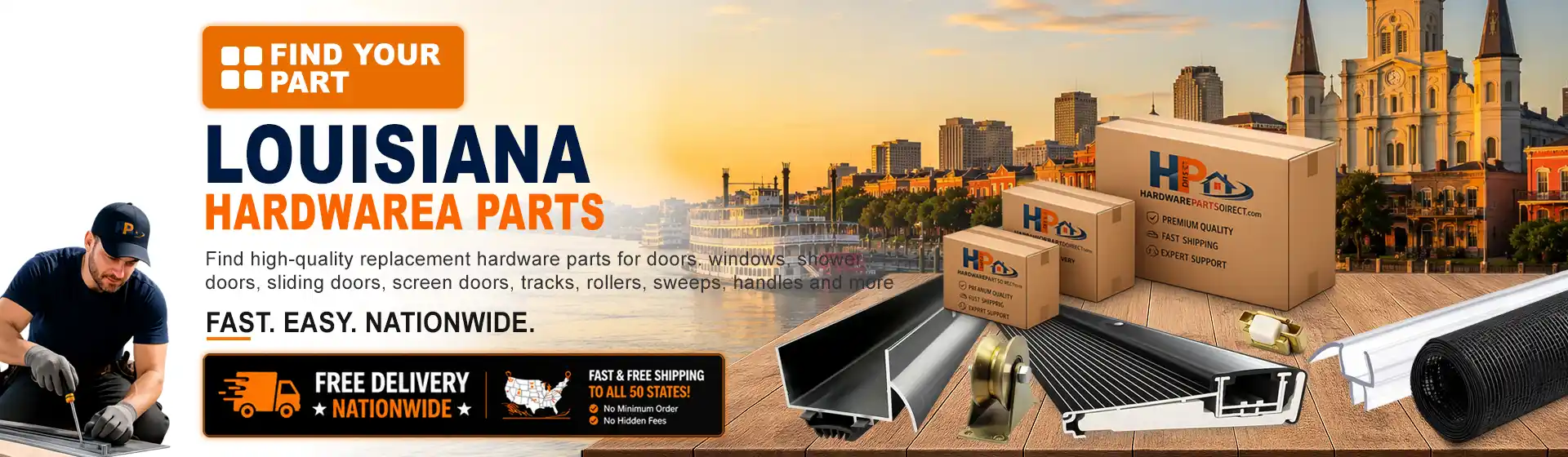 Louisiana hardware parts featuring replacement door, window, shower door, sliding door, roller, track, sweep, handle, and threshold components with free nationwide delivery.