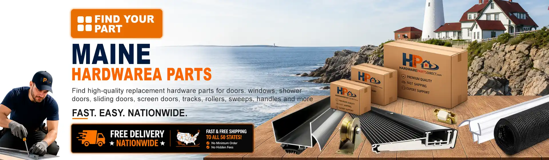 Maine hardware parts featuring replacement door, window, shower door, sliding door, roller, track, sweep, handle, and threshold components with free nationwide delivery.
