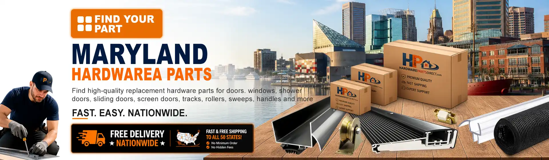 Maryland hardware parts featuring replacement door, window, shower door, sliding door, roller, track, sweep, handle, and threshold components with free nationwide delivery.