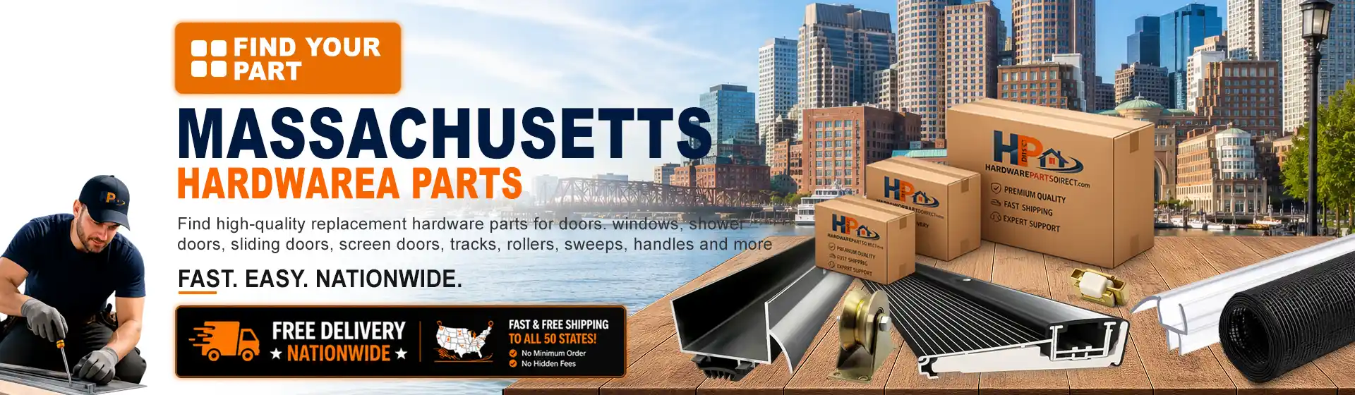 Massachusetts hardware parts featuring replacement door, window, shower door, sliding door, roller, track, sweep, handle, and threshold components with free nationwide delivery.