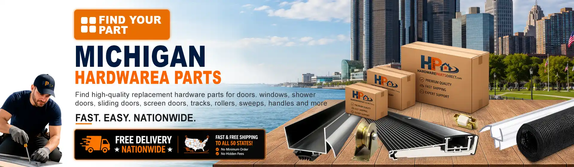 Michigan hardware parts featuring replacement door, window, shower door, sliding door, roller, track, sweep, handle, and threshold components with free nationwide delivery.