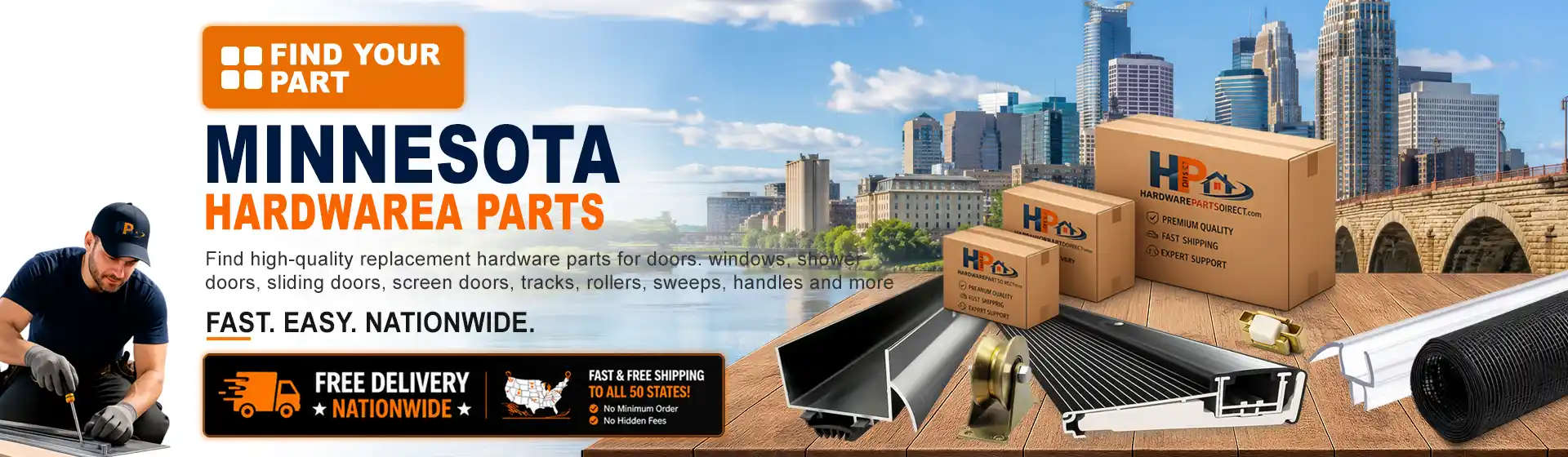 Minnesota hardware parts featuring replacement door, window, shower door, sliding door, roller, track, sweep, handle, and threshold components with free nationwide delivery.