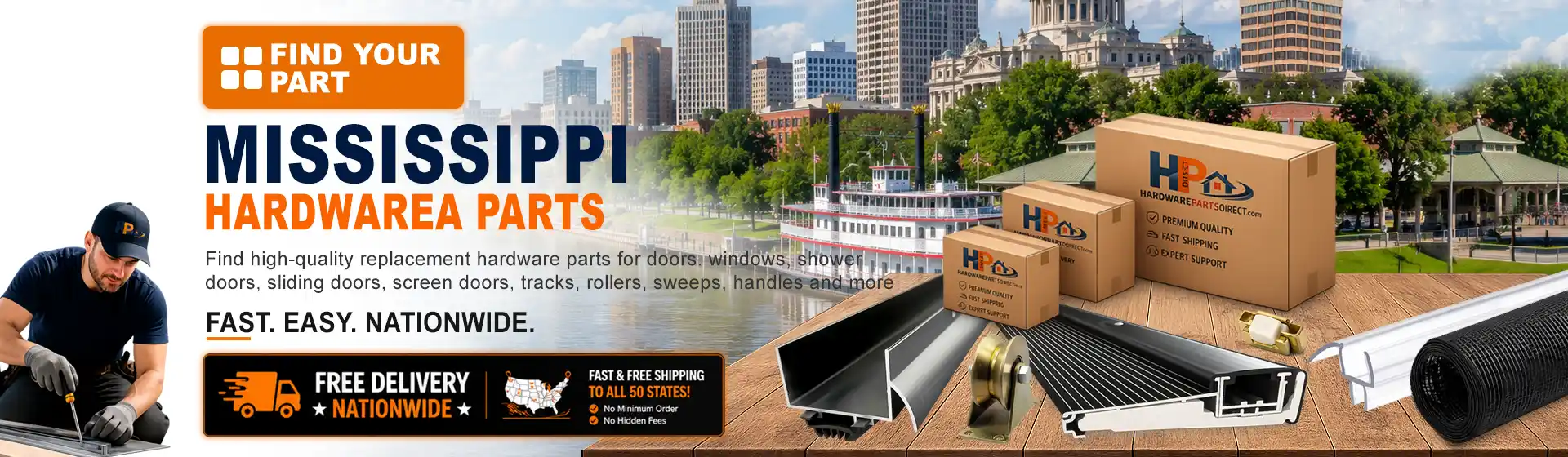 Mississippi hardware parts featuring replacement door, window, shower door, sliding door, roller, track, sweep, handle, and threshold components with free nationwide delivery.