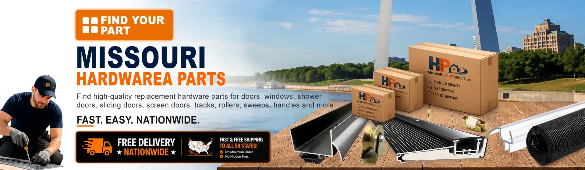 Missouri hardware parts featuring replacement door, window, shower door, sliding door, roller, track, sweep, handle, and threshold components with free nationwide delivery.