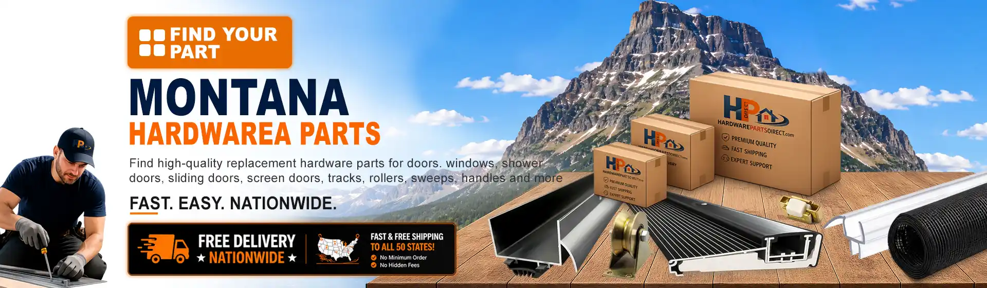 Montana hardware parts featuring replacement door, window, shower door, sliding door, roller, track, sweep, handle, and threshold components with free nationwide delivery.