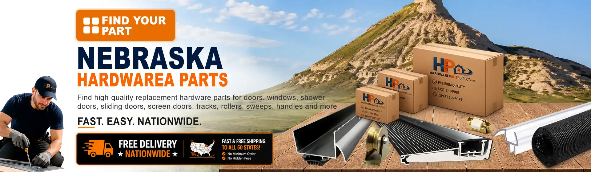 Nebraska hardware parts featuring replacement door, window, shower door, sliding door, roller, track, sweep, handle, and threshold components with free nationwide delivery.