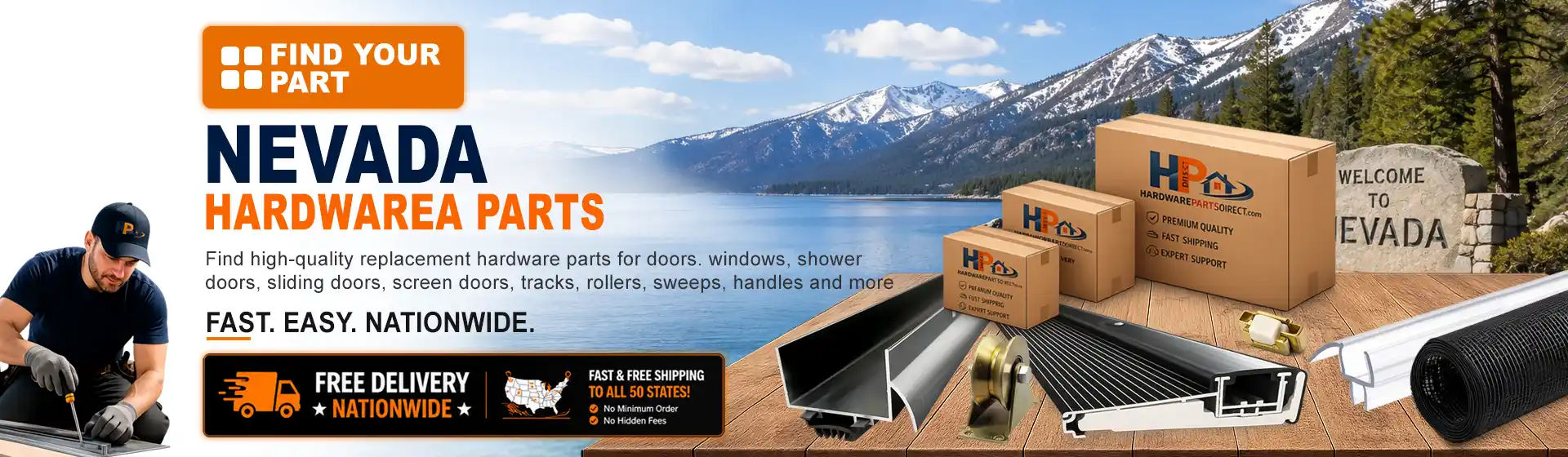 Nevada hardware parts featuring replacement door, window, shower door, sliding door, roller, track, sweep, handle, and threshold components with free nationwide delivery.