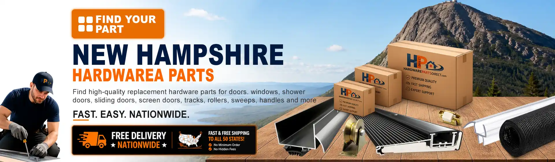 New Hampshire hardware parts featuring replacement door, window, shower door, sliding door, roller, track, sweep, handle, and threshold components with free nationwide delivery.