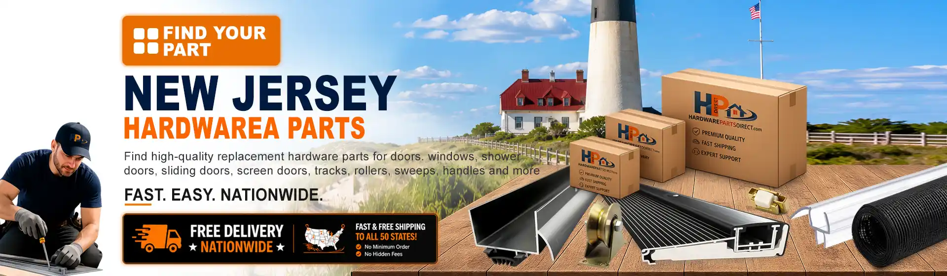 New Jersey hardware parts featuring replacement door, window, shower door, sliding door, roller, track, sweep, handle, and threshold components with free nationwide delivery.