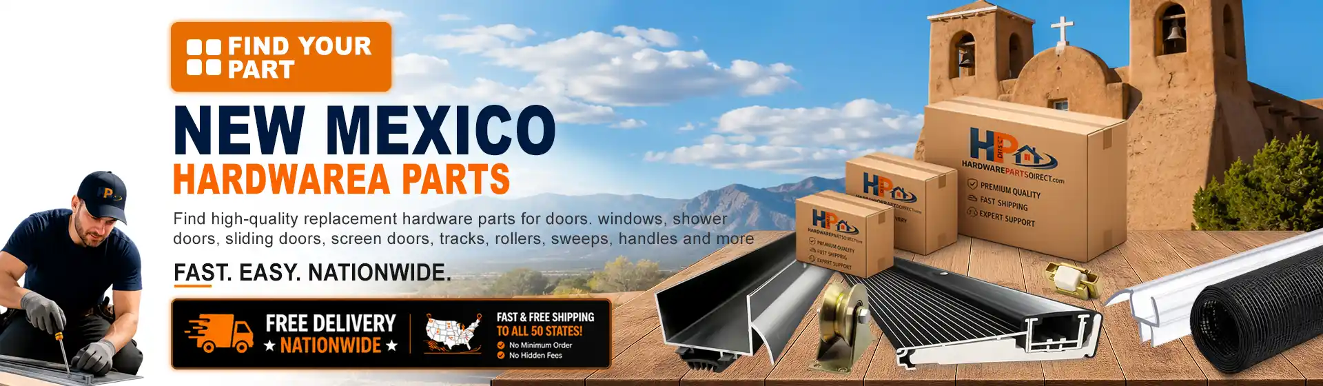 New Mexico hardware parts featuring replacement door, window, shower door, sliding door, roller, track, sweep, handle, and threshold components with free nationwide delivery.