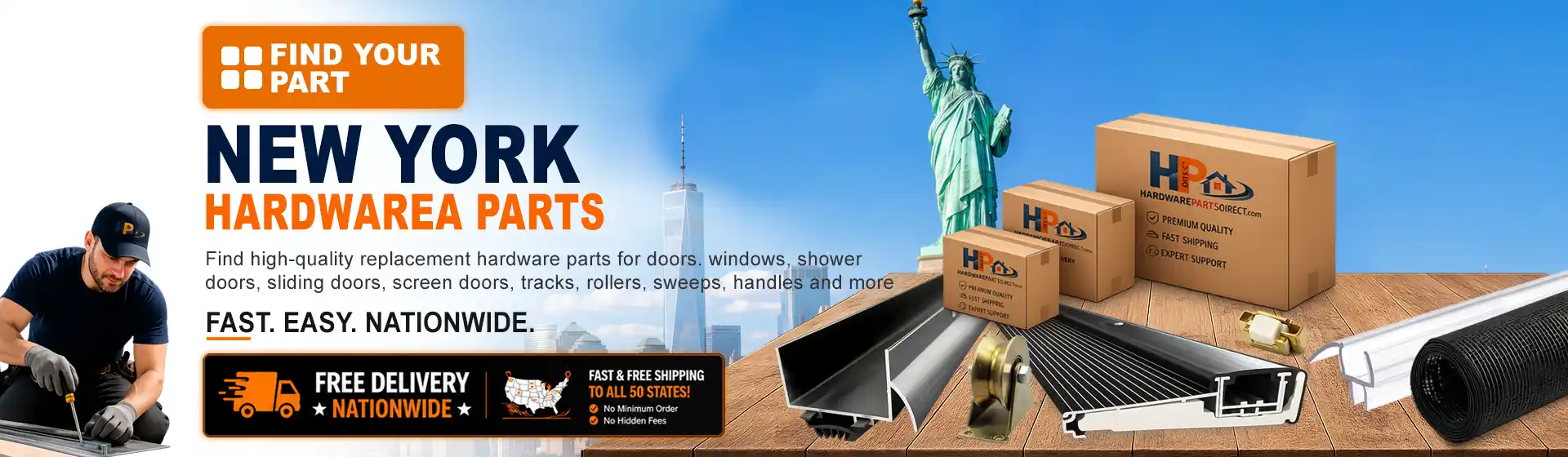 New York hardware parts featuring replacement door, window, shower door, sliding door, roller, track, sweep, handle, and threshold components with free nationwide delivery.