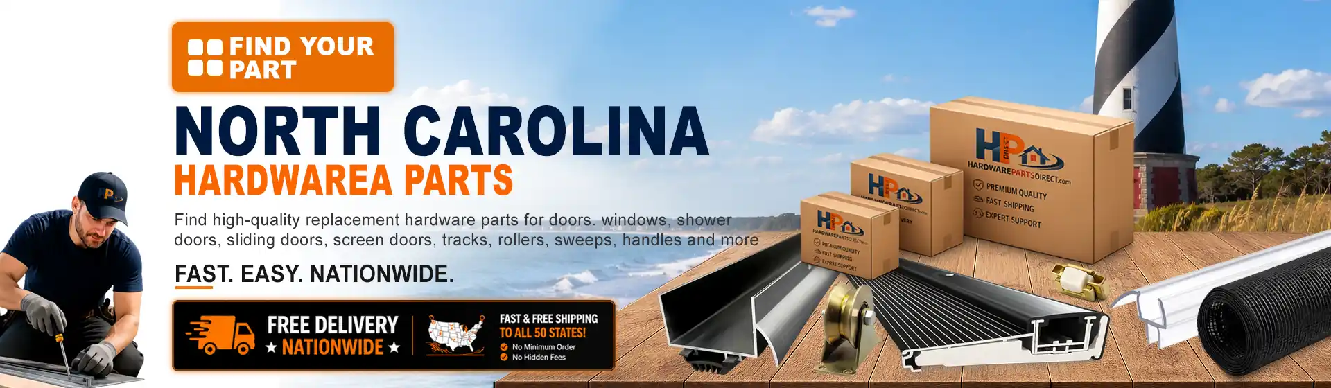 North Carolina hardware parts featuring replacement door, window, shower door, sliding door, roller, track, sweep, handle, and threshold components with free nationwide delivery.