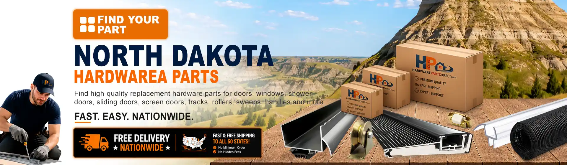 North Dakota hardware parts featuring replacement door, window, shower door, sliding door, roller, track, sweep, handle, and threshold components with free nationwide delivery.