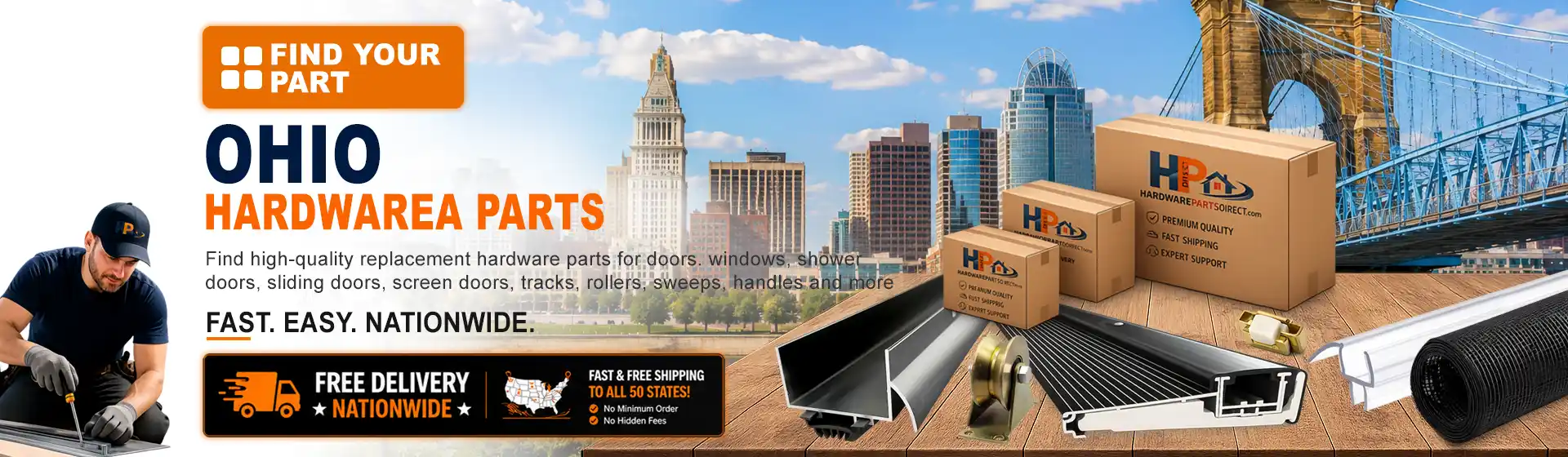 Ohio hardware parts featuring replacement door, window, shower door, sliding door, roller, track, sweep, handle, and threshold components with free nationwide delivery.
