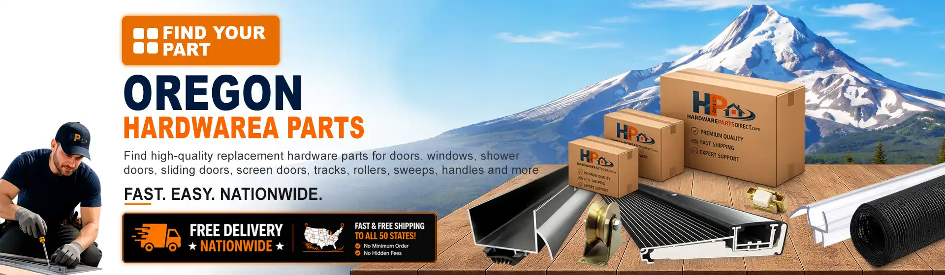 Oregon hardware parts featuring replacement door, window, shower door, sliding door, roller, track, sweep, handle, and threshold components with free nationwide delivery.