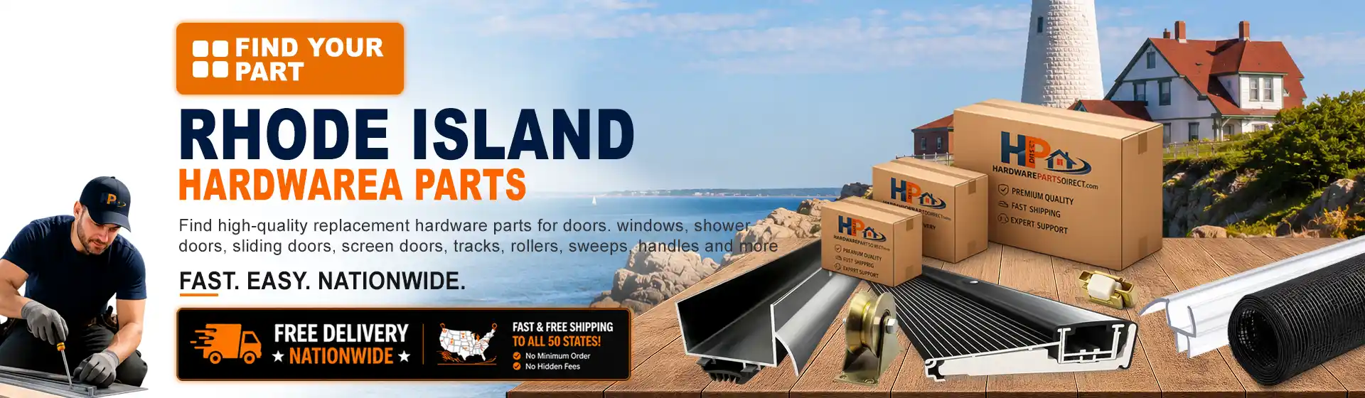 Rhode Island hardware parts featuring replacement door, window, shower door, sliding door, roller, track, sweep, handle, and threshold components with free nationwide delivery.