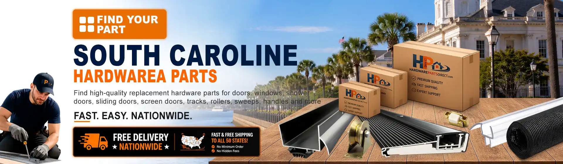 South Carolina hardware parts featuring replacement door, window, shower door, sliding door, roller, track, sweep, handle, and threshold components with free nationwide delivery.