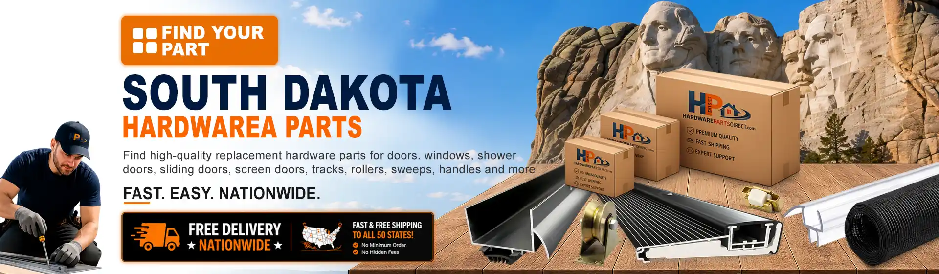 South Dakota hardware parts featuring replacement door, window, shower door, sliding door, roller, track, sweep, handle, and threshold components with free nationwide delivery.