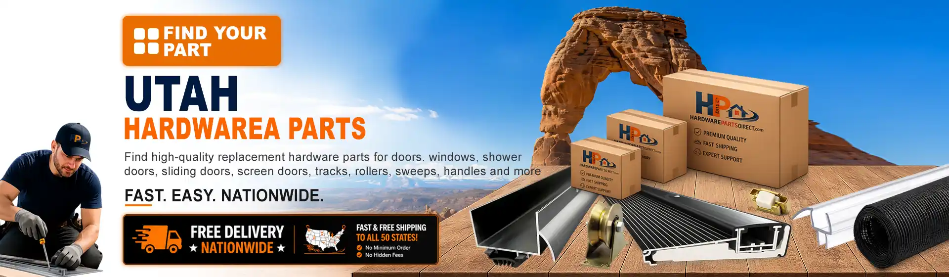 Utah hardware parts featuring replacement door, window, shower door, sliding door, roller, track, sweep, handle, and threshold components with free nationwide delivery.