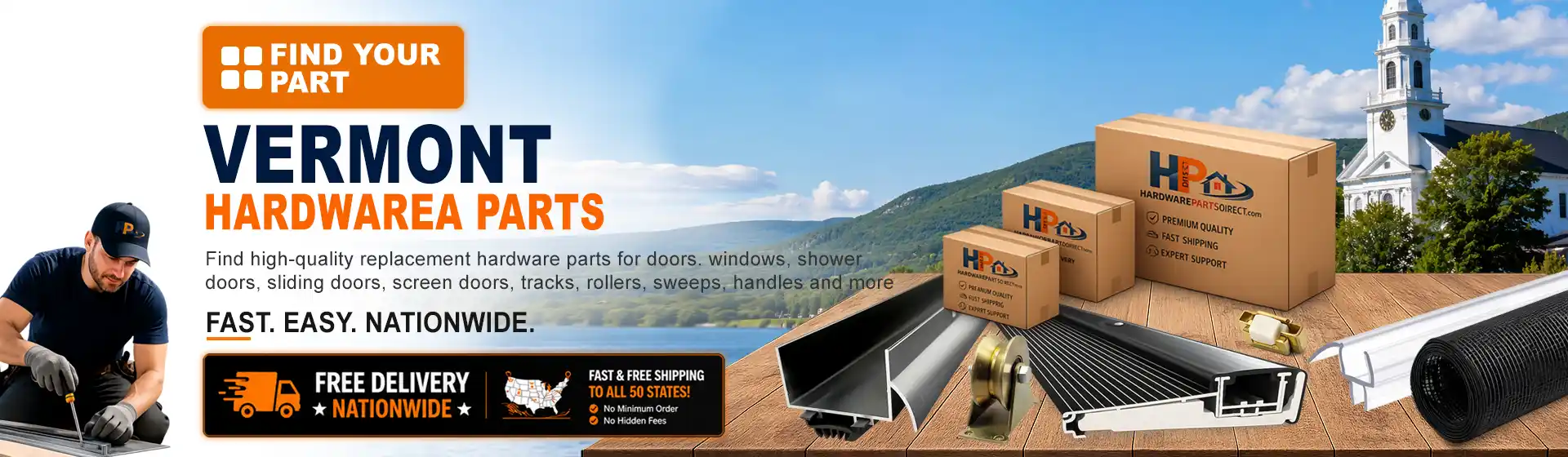 Vermont hardware parts featuring replacement door, window, shower door, sliding door, roller, track, sweep, handle, and threshold components with free nationwide delivery.