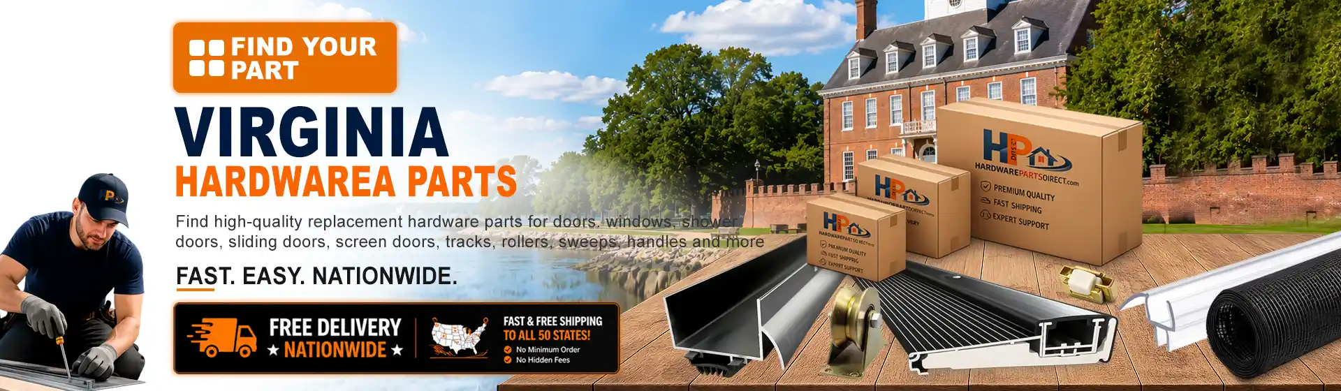 Virginia hardware parts featuring replacement door, window, shower door, sliding door, roller, track, sweep, handle, and threshold components with free nationwide delivery.