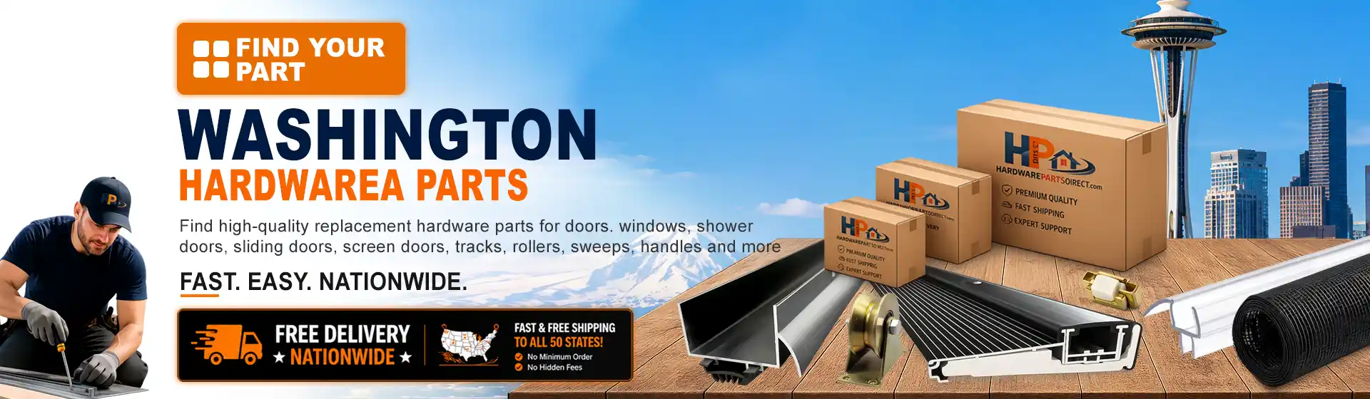 Washington hardware parts featuring replacement door, window, shower door, sliding door, roller, track, sweep, handle, and threshold components with free nationwide delivery.
